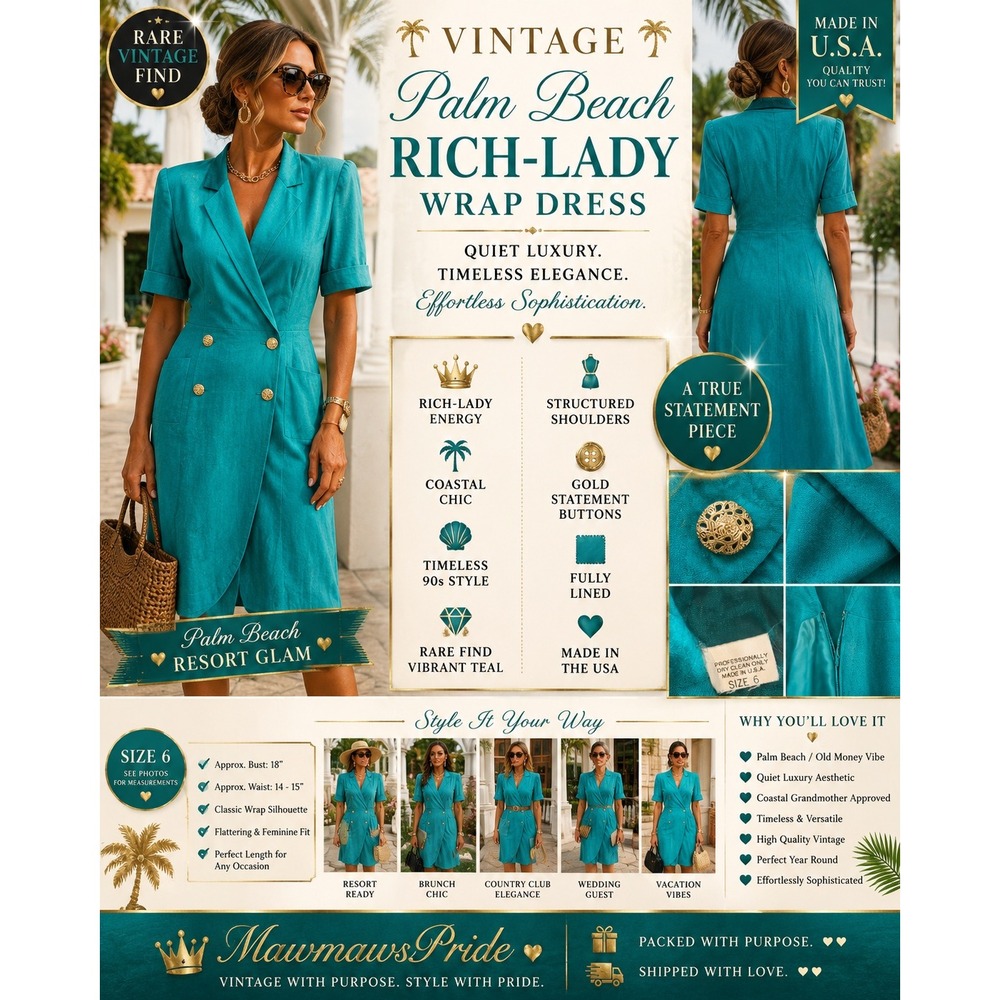 Vintage Palm Beach Teal Wrap Dress Gold Button Quiet Luxury Coastal Size 6